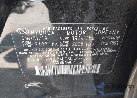 2019 Hyundai Elantra Sel из США, поврежденный, VIN KMHD84LF8KU874573